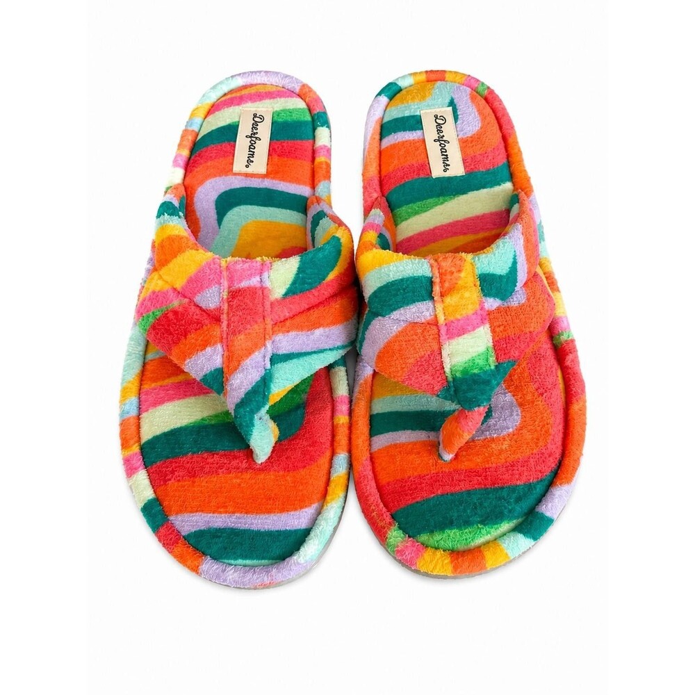 Dearfoam Womens Flip Flop slippers Multicolor Rainbow Terry size L 9-10
